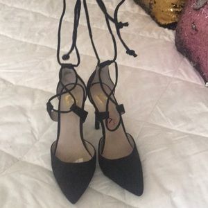 Black suede lace wrap around heels